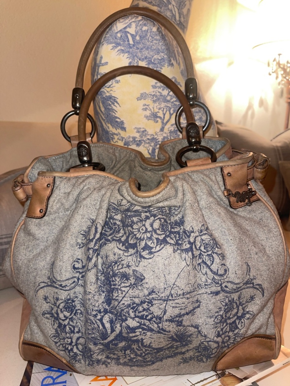 Rare Juicy Couture Gray Wool Tote with Blue Floral Print and Tan Leather Trim